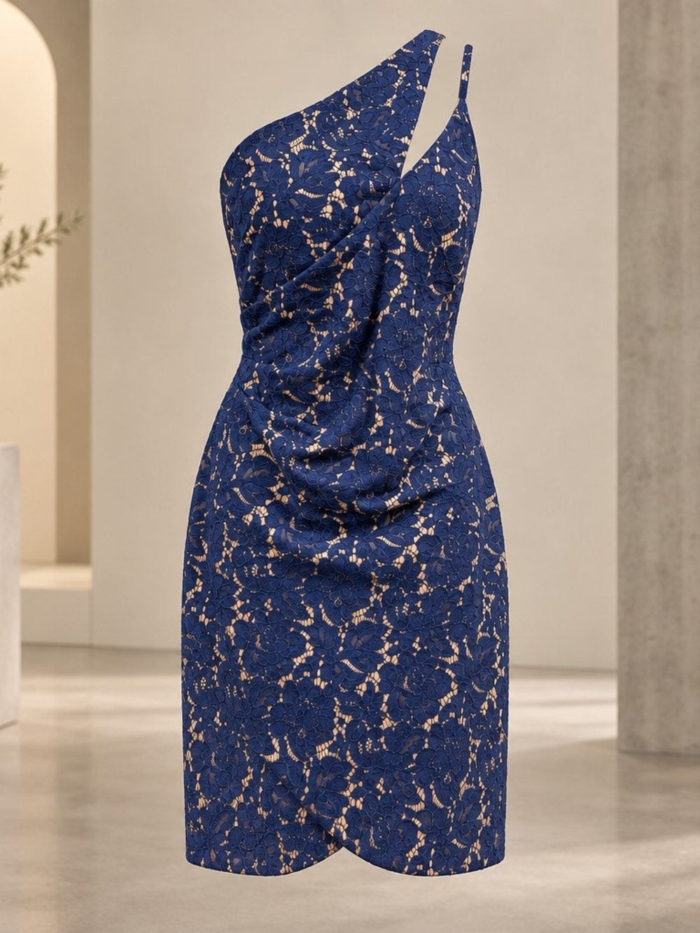 Guess One-Shoulder Navy Dress with Nude Lace Overlay